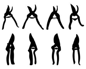 Black silhouettes of garden secateurs 2, vector
