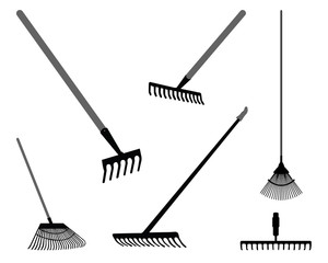 Black silhouettes of rake on a white background 2, vector