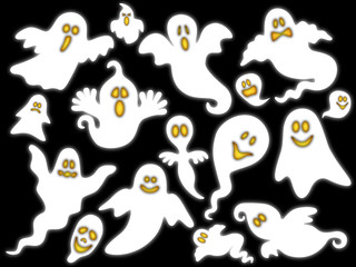 Set weiße Halloween-Gespenster mit glühenden Augen