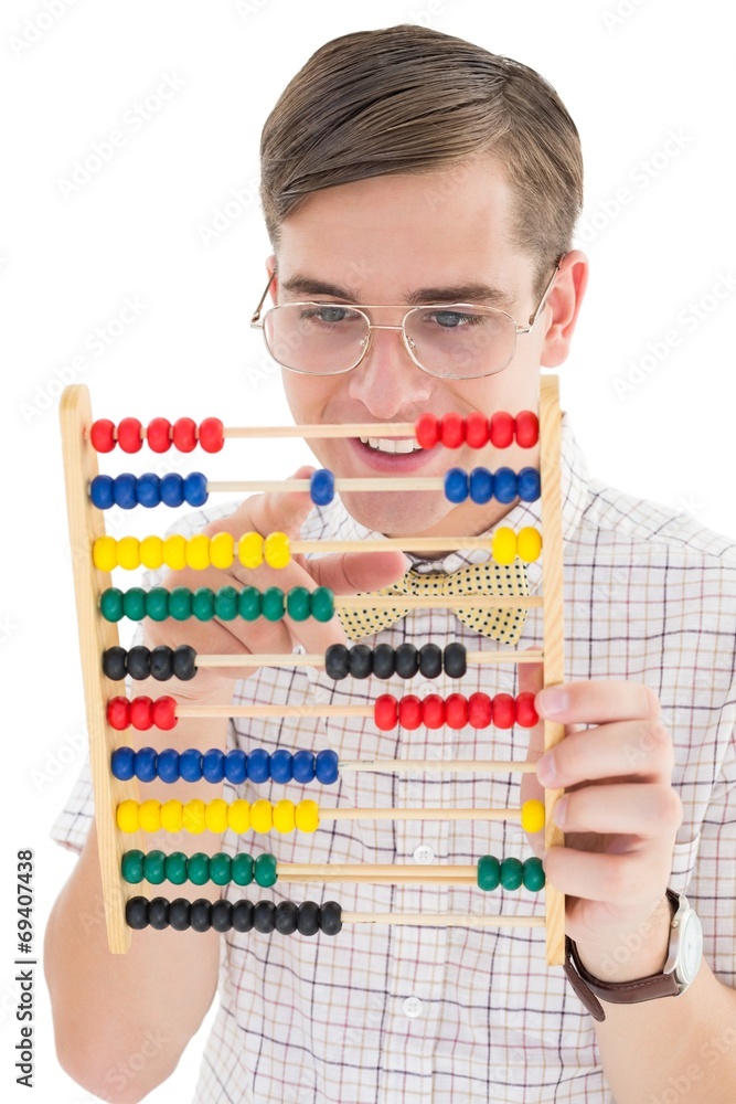 Poster nerdy hipster adding on abacus