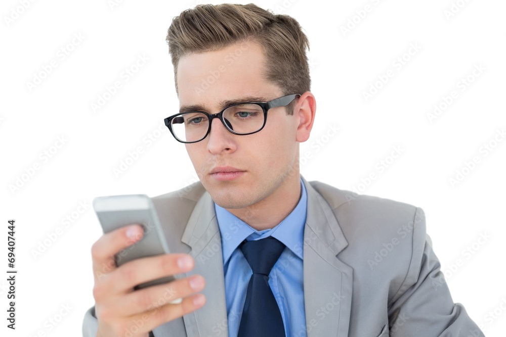 Poster nerdy businessman sending a text