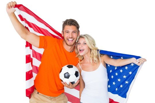 Excited Football Fan Couple Holding Usa Flag