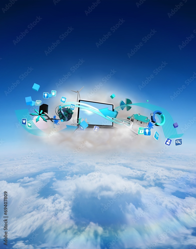 Poster Composite image of laptop on floating cloud with apps