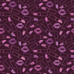 Purple scratched seamless pattern with lips and lipsticks