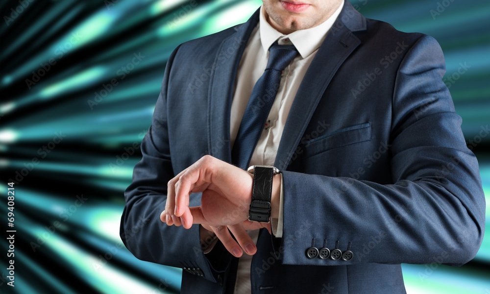 Poster composite image of businessman checking the time on watch