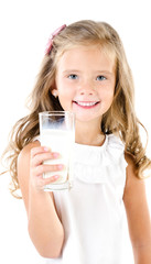 Smiling little girl drinking milk isolated