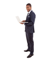 Business man with a laptop, isolated on white background