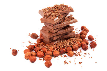 Chocolate and nuts on white background.