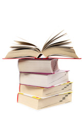 A stack of books on a white background.