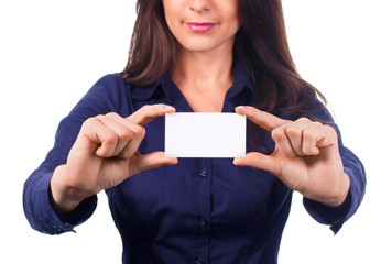 Woman holds out a business or credit card isolated on white