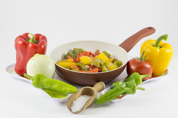 peppers, onions, tomatoes and olives