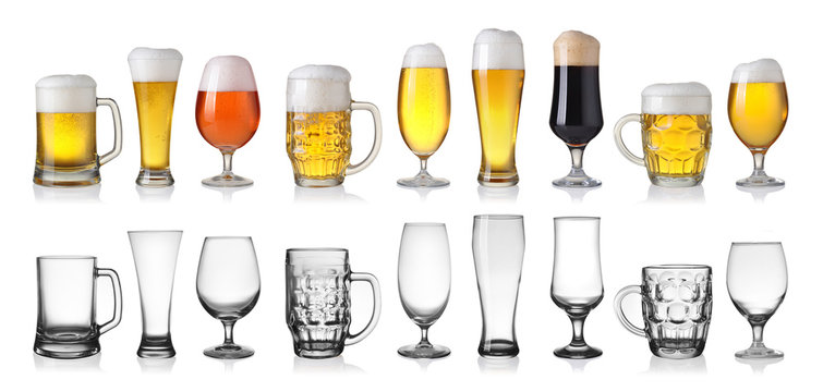 Collection of empty and full beer in glass isolated on white bac