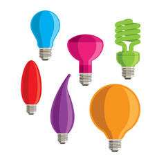 Six colourful vector lightbulbs on a white background