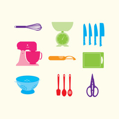 Nine colourful vector kitchen utnesils on a cream background