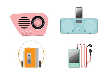 Four colourful retro vector music players