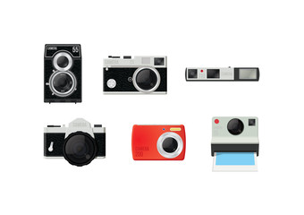 Six retro vector film cameras on a white background