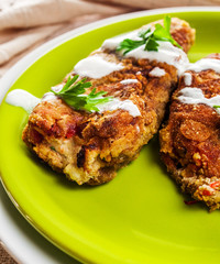 Vegetarian Stuffed Fried Peppers, Topped With Garlic Sauce