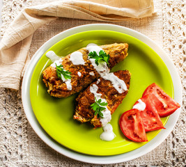 Vegetarian Stuffed Fried Peppers, Topped With Garlic Sauce