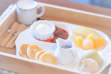 Pancake with icecream and fruit