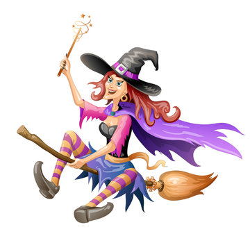 Red haired witch  flying on a broomstick