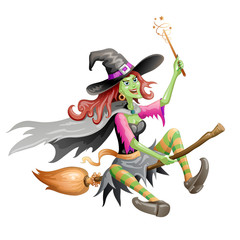 Red haired witch  flying on a broomstick