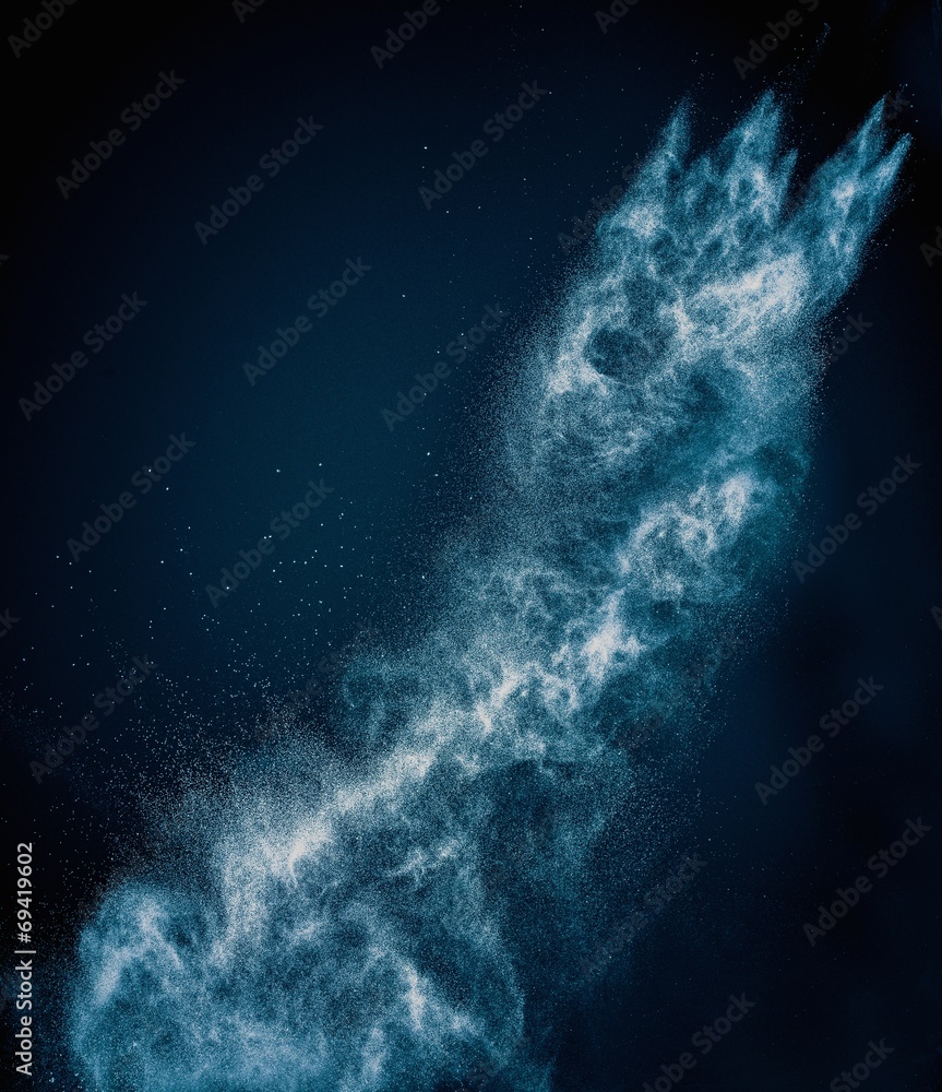 Sticker blue powder exploding isolated on black
