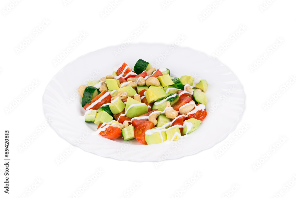 Sticker Fitness salad with avocado and tomatoes.