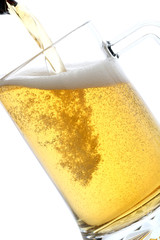 birra bionda versata in bicchiere sfondo bianco