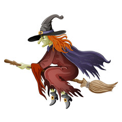 Illustration of Halloween witch flying on broom - obrazy, fototapety, plakaty