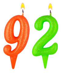 Birthday candles number ninety two isolated on white background