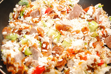 Frozen Rice and Beef in a Skillet Pan