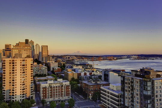 Scenic view of mountain Rainer during sunset. Downtown and port