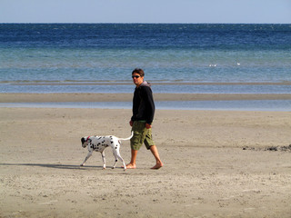 Mann spaziert mit Dalmatiner am Ostseestrand