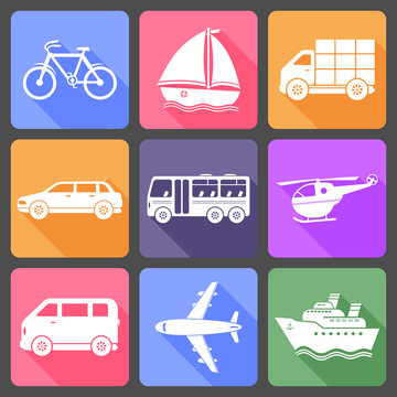 Transportation flat icons with long shadow