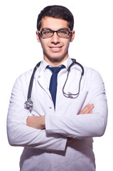 Fototapeta premium Young male doctor isolated on white