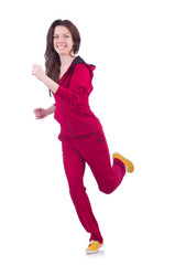 Woman in red costume doing exercises on white