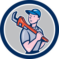 Plumber Holding Monkey Wrench Circle Cartoon