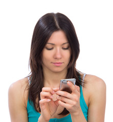 woman reading typing texting sending SMS text message mobile