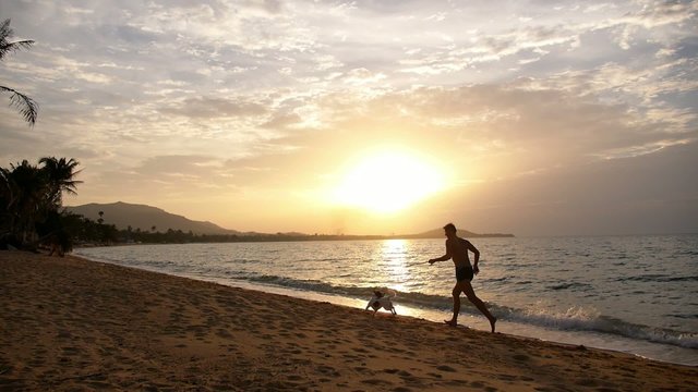 Man and Dog Running and Playing at Sunset Beach. Slow Motion.