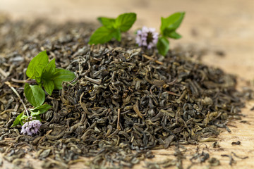 Green tea with mint. Selective focus