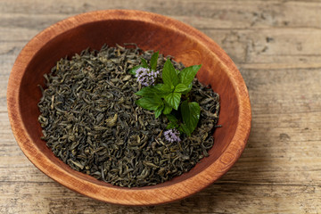 Green tea with mint. Selective focus