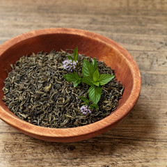 Green tea with mint. Selective focus