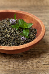 Green tea with mint. Selective focus