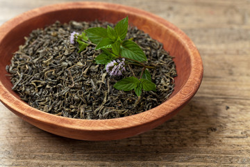 Green tea with mint. Selective focus