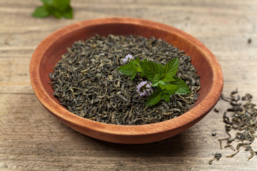 Green tea with mint. Selective focus