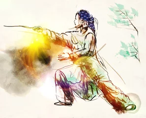 Papier Peint photo Lavable Arts martiaux Taiji (Tai Chi). Une illustration pleine grandeur dessinée à la main
