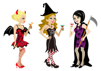 Obraz na płótnie Canvas Halloween Costumed three Women,Isolated