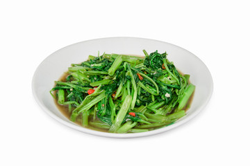 Stir Fried Water Spinach or pak boong fai daeng isolated on whit