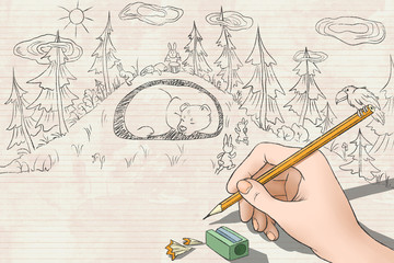 drawing rabbits run to save the bear