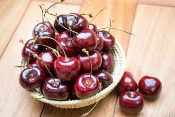 Fresh cherries in bowl on table